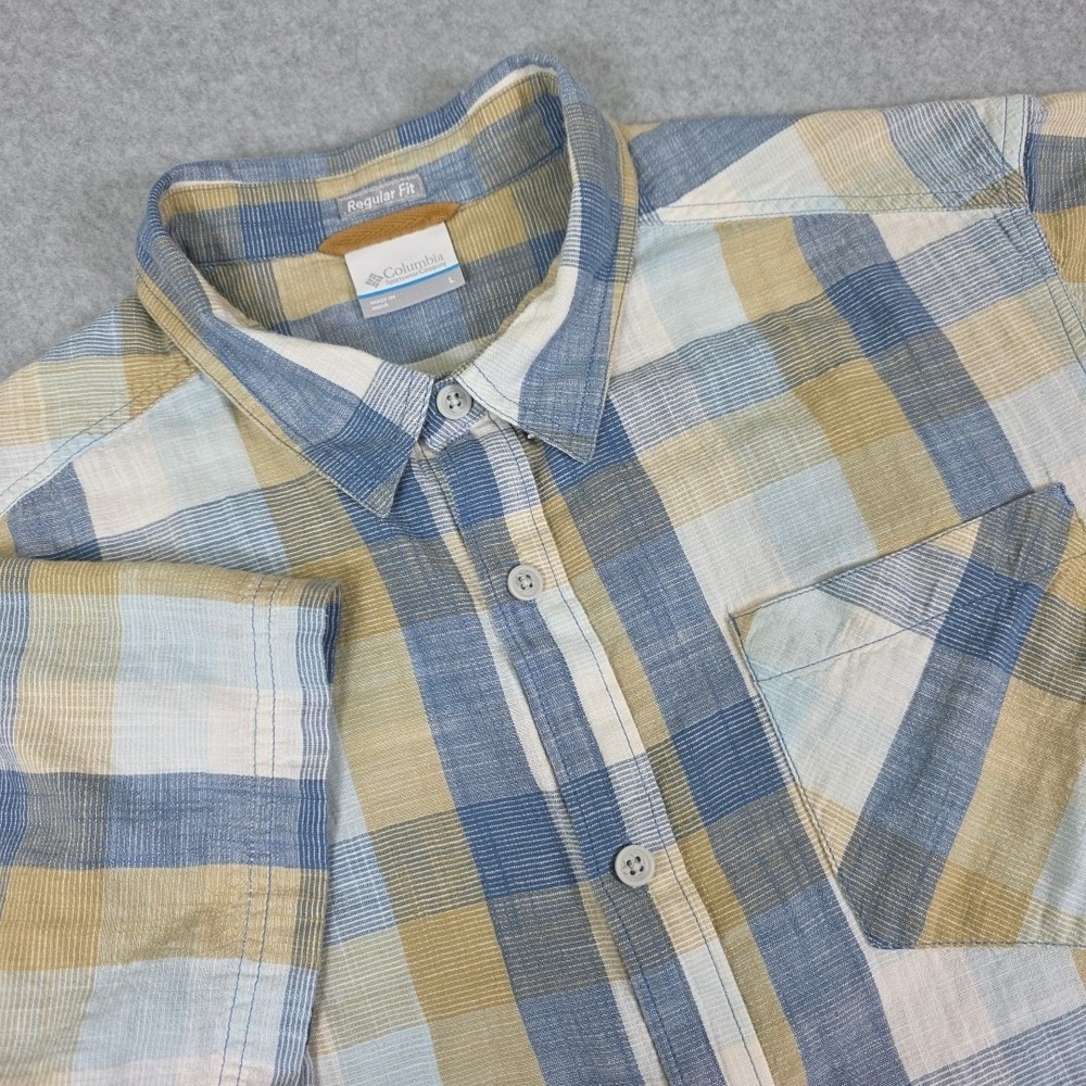 Columbia Shirt Men's Size Large‎ Blue Check Regular Fit Short Sleeve Button-Up